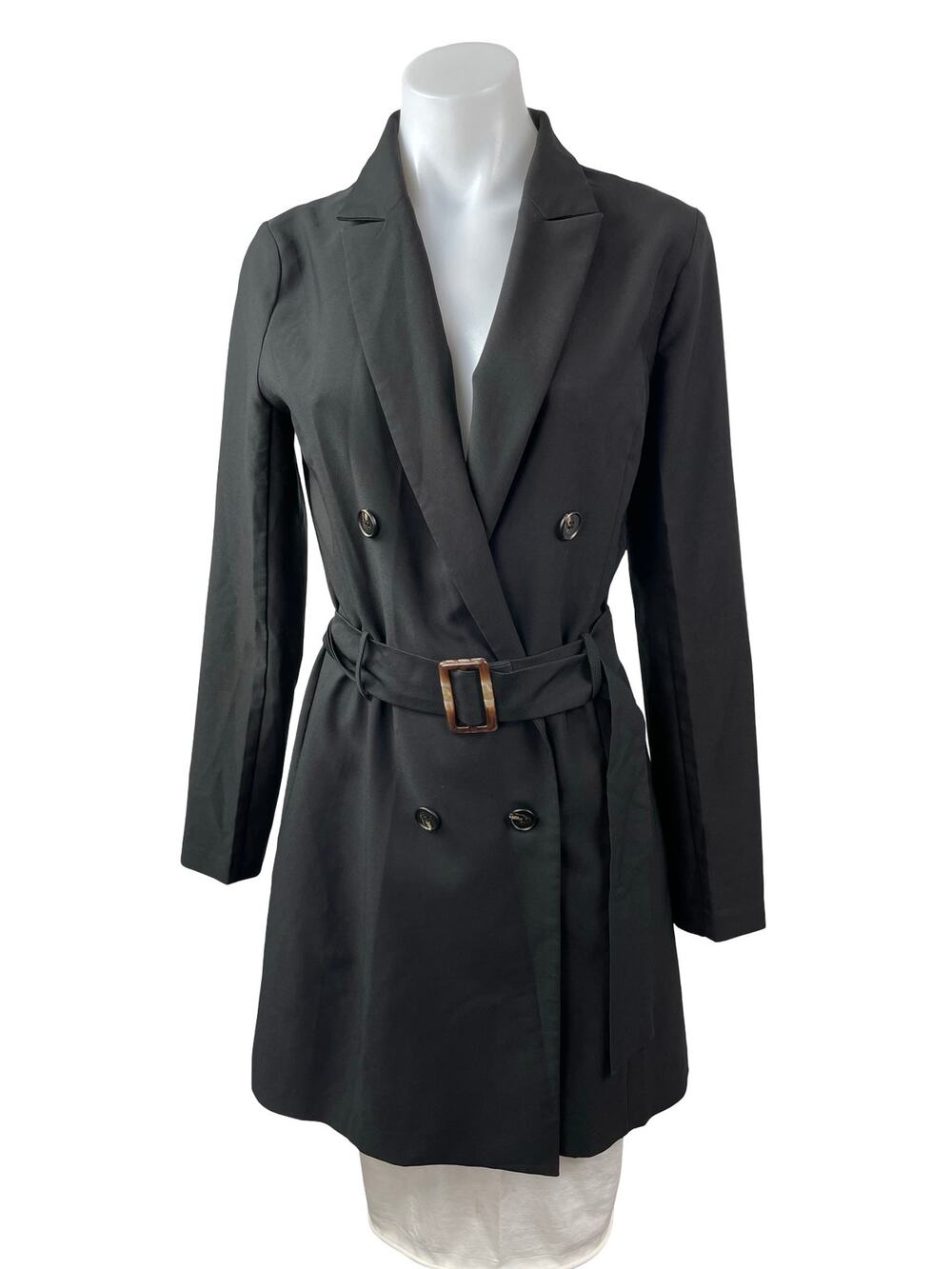 HAVE Women's Black Long Sleeve Double Breasted Belted Trench Coat Jacket Size S